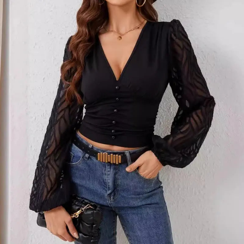 Elegante schwarze Damenbluse mit tiefem V-Ausschnitt & Laternenärmeln